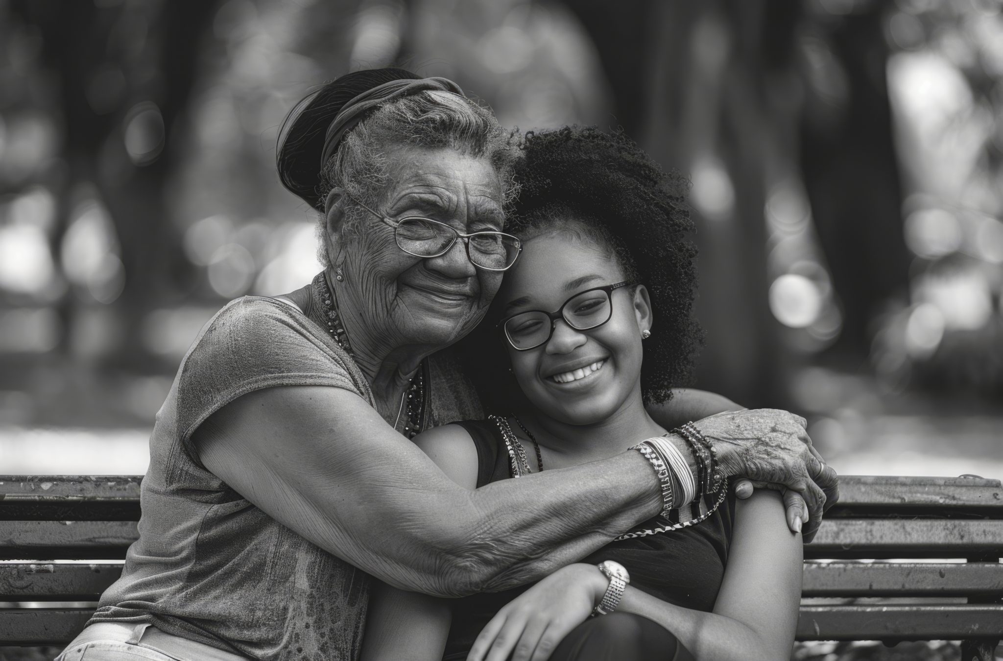 fete-des-grands-meres-sourire-enlacees-portrait-noir-et-blanc